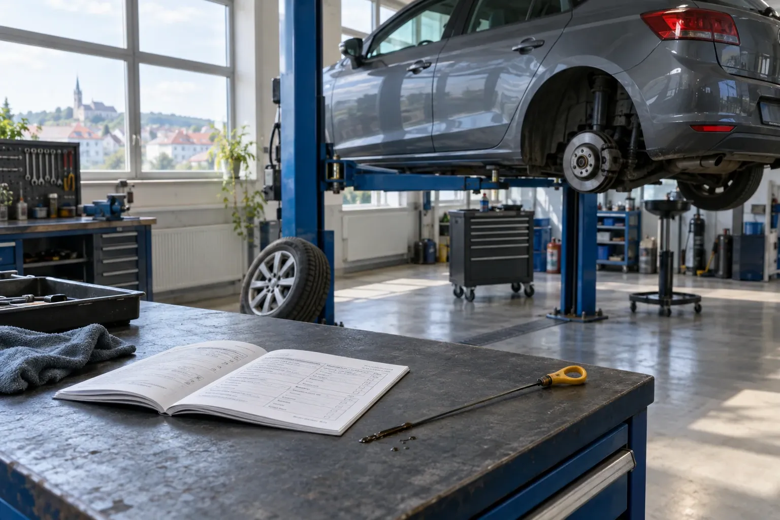Šedé auto na zvedáku v servisní hale, na pracovním stole otevřená servisní knížka a olejová měrka
