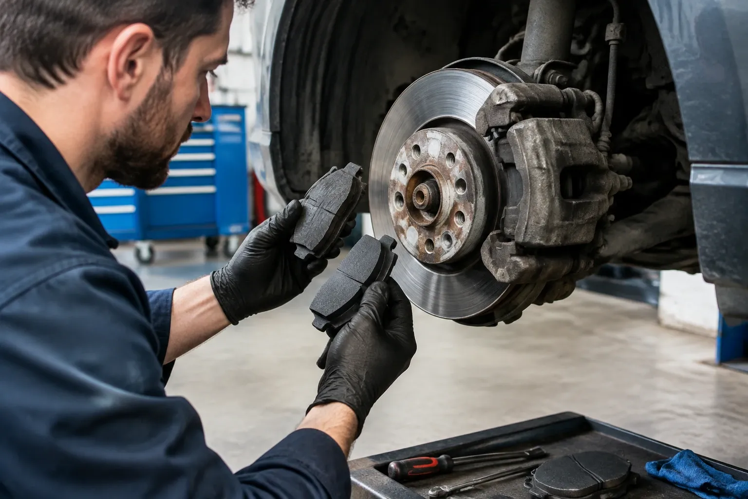Mechanik porovnává nové brzdové destičky s kotoučem u odmontovaného kola