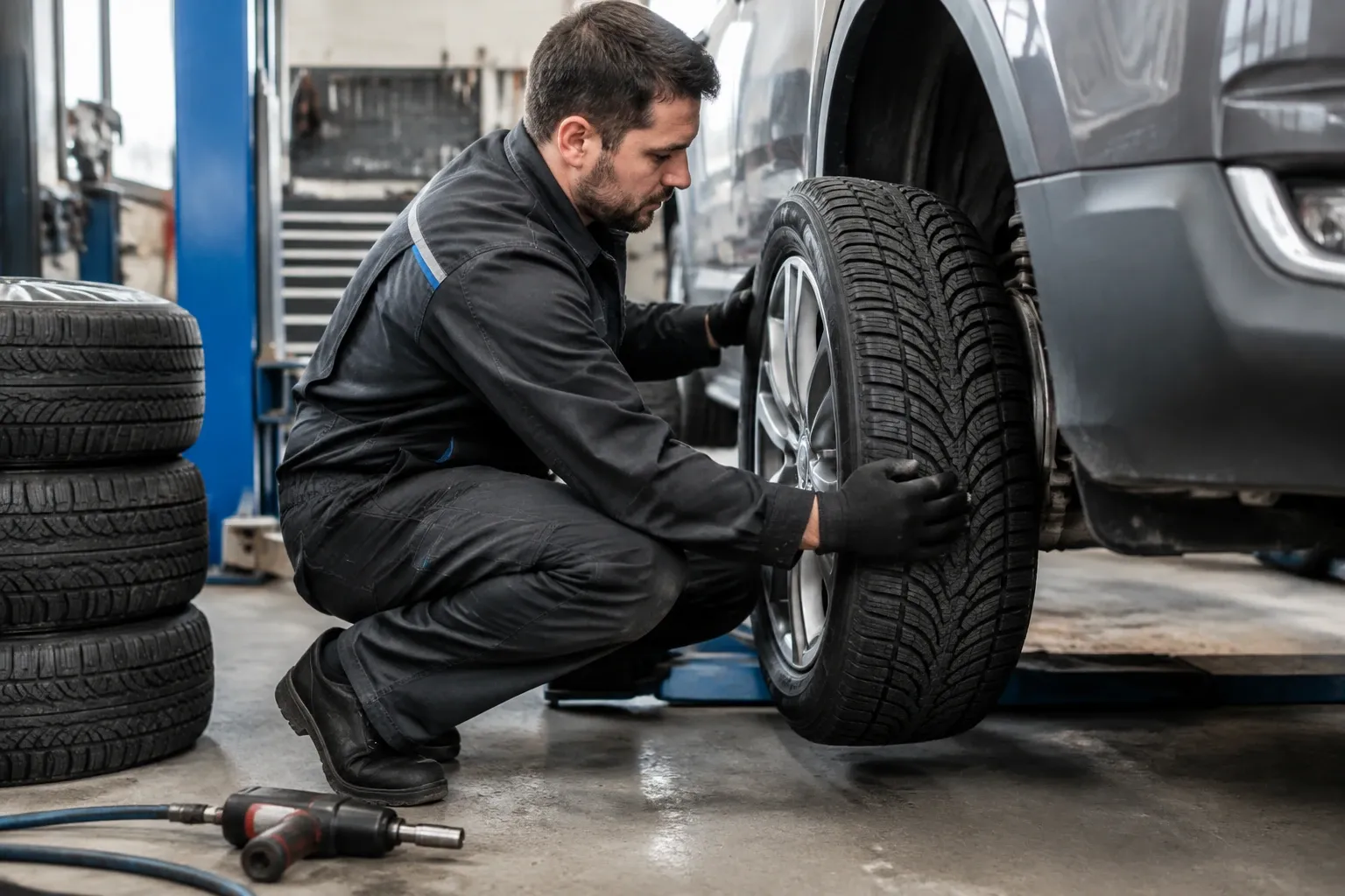 Mechanik v servisu přikládá automobilovou pneumatiku k přednímu kolu auta