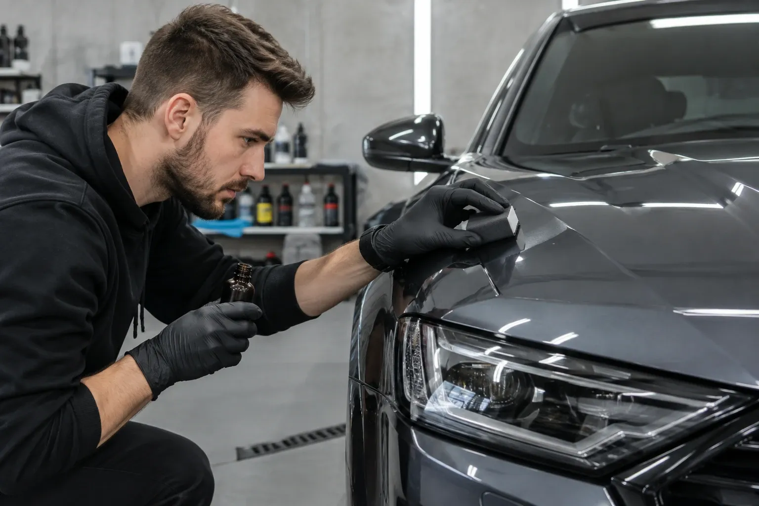 Technik nanáší keramickou ochranu na lak tmavého auta v dílně, používá houbičku a lahvičku