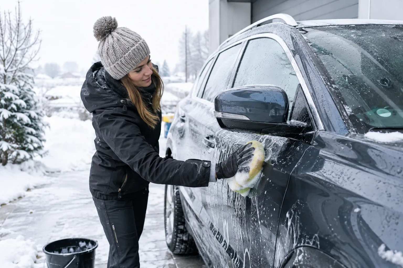 Žena v zimním oblečení myje pěnovou houbou černé auto venku mezi sněhem