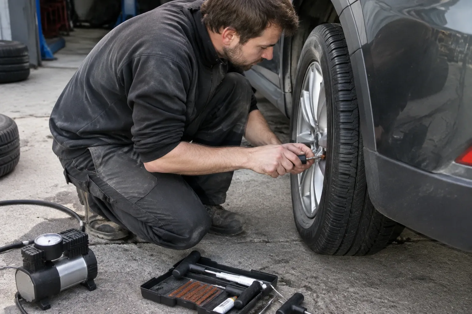 Mechanik u auta opravuje píchlou pneumatiku, nářadí a kompresor vedle něj