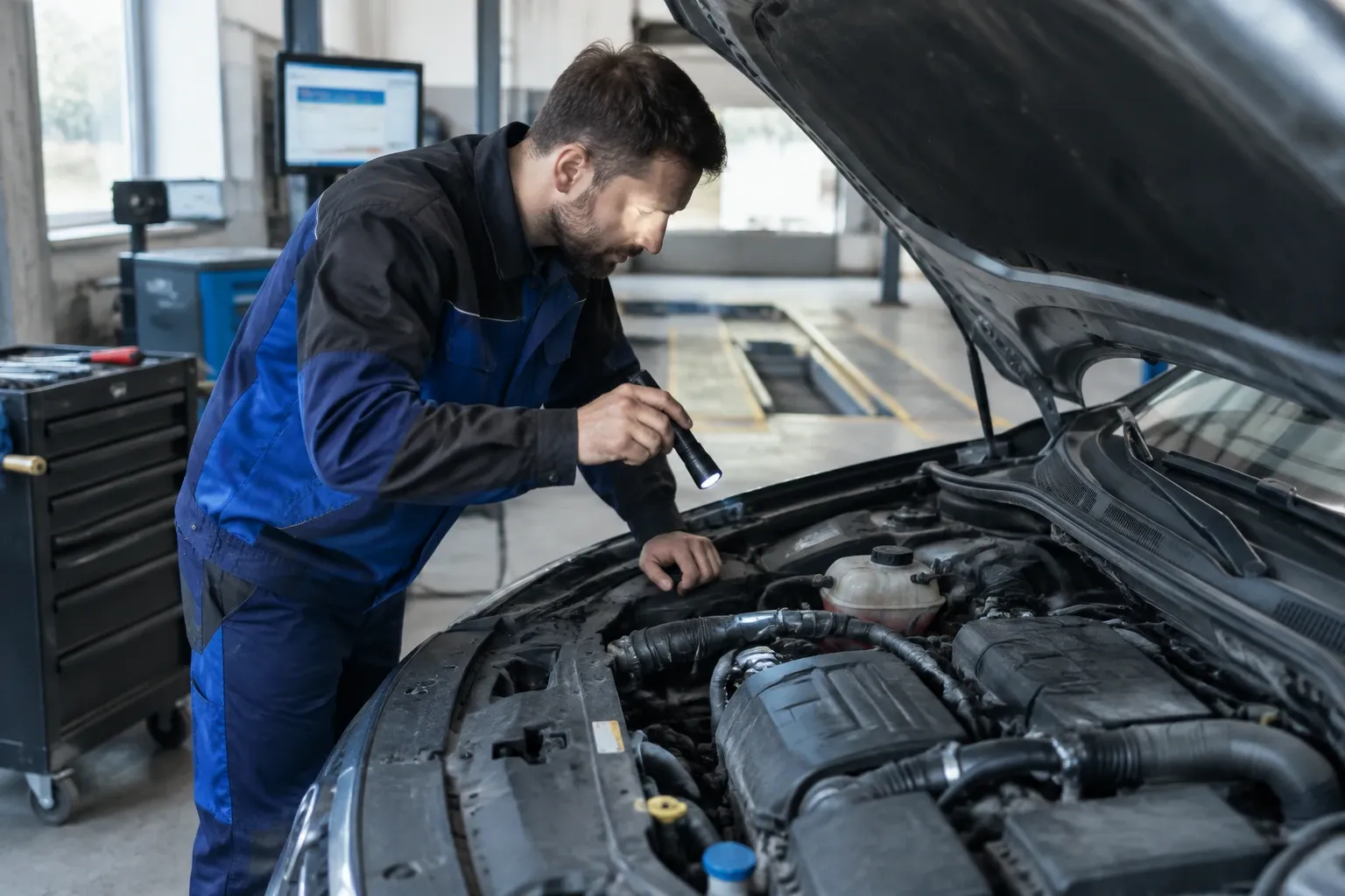 Mechanik v modrém montérkovém obleku kontroluje motor auta s otevřenou kapotou a svítilnou