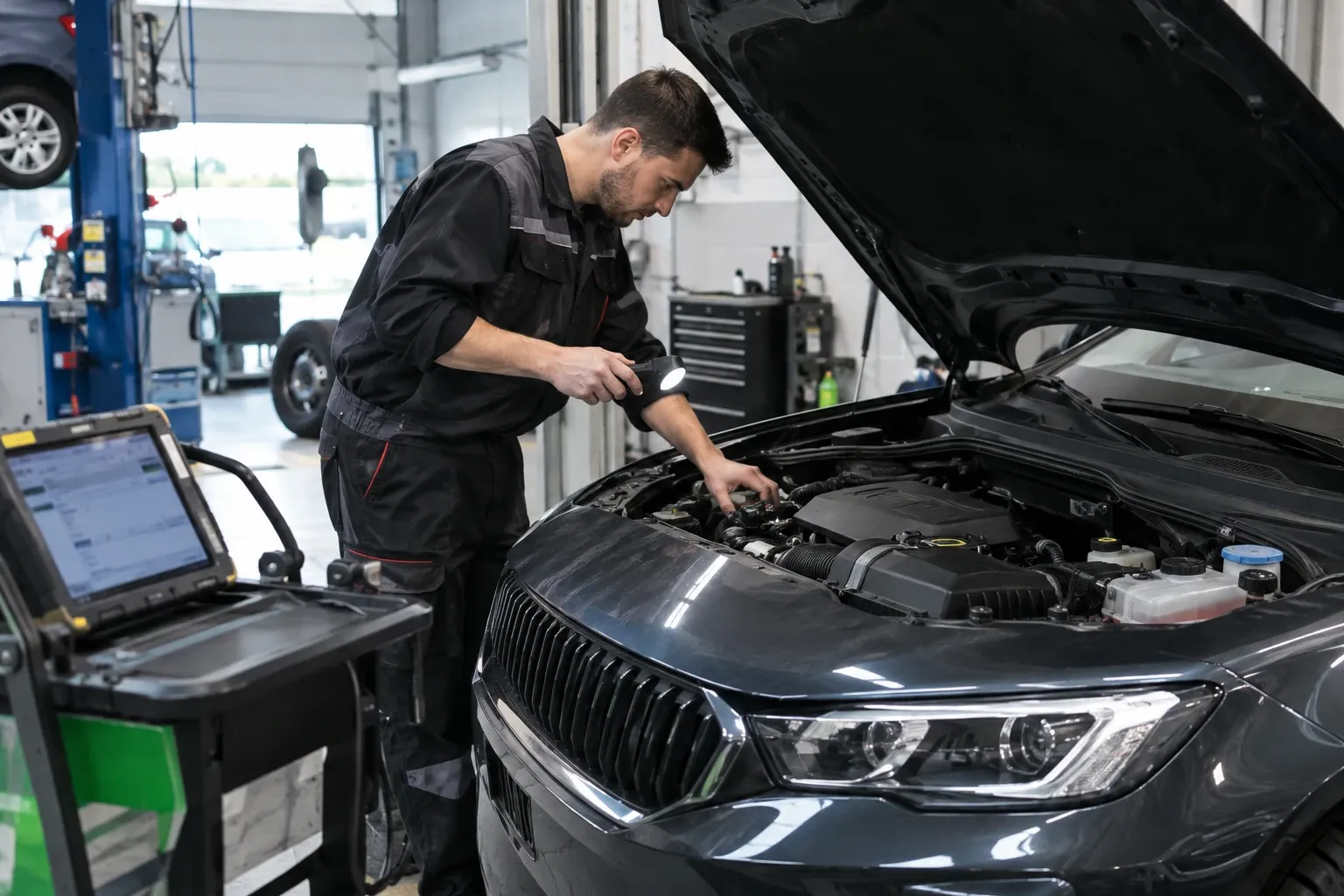 Mechanik kontroluje motor auta s otevřenou kapotou v servisu před STK