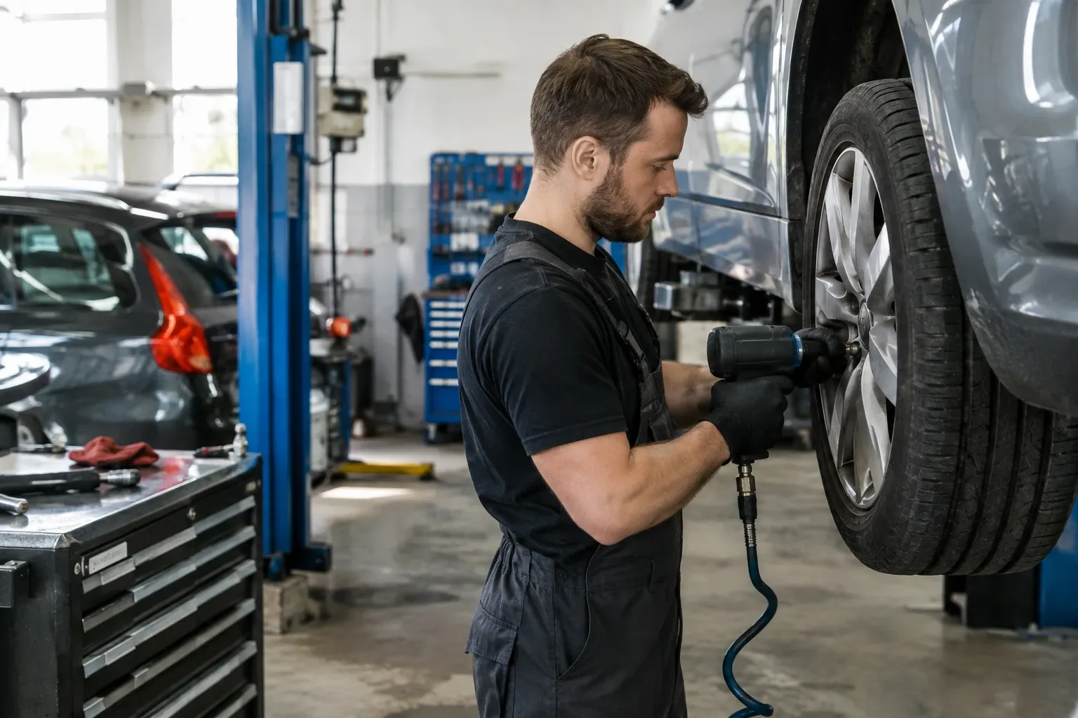 Mechanik utahuje šrouby kola u zvednutého osobního auta v dílně
