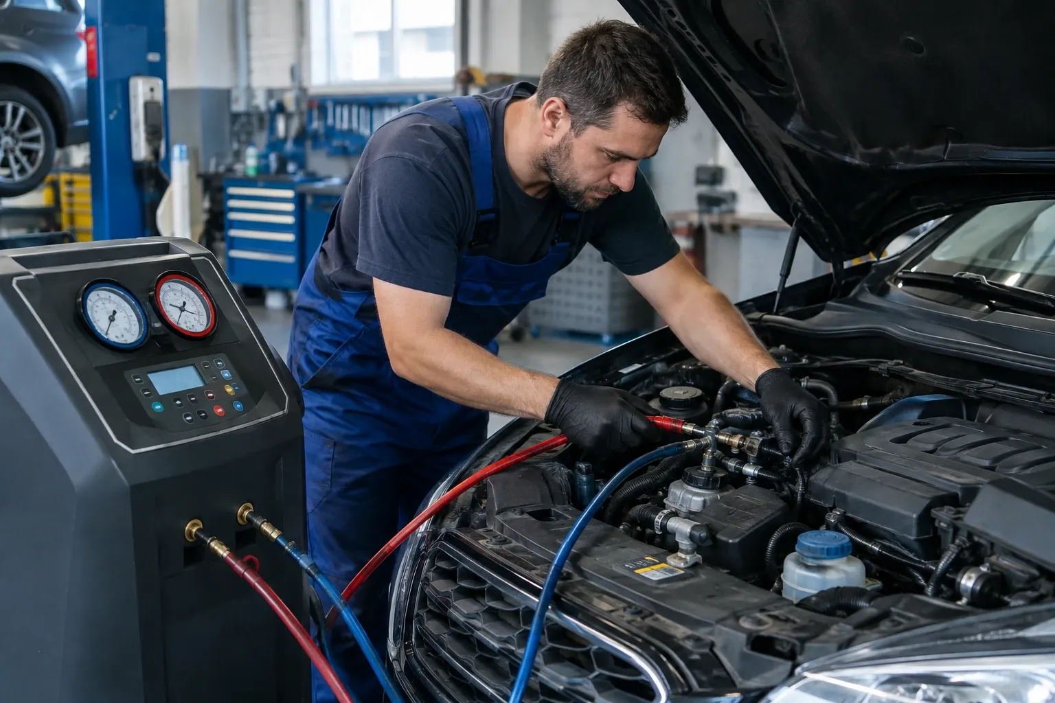 Mechanik připojuje hadice k autu pro servis a plnění klimatizace