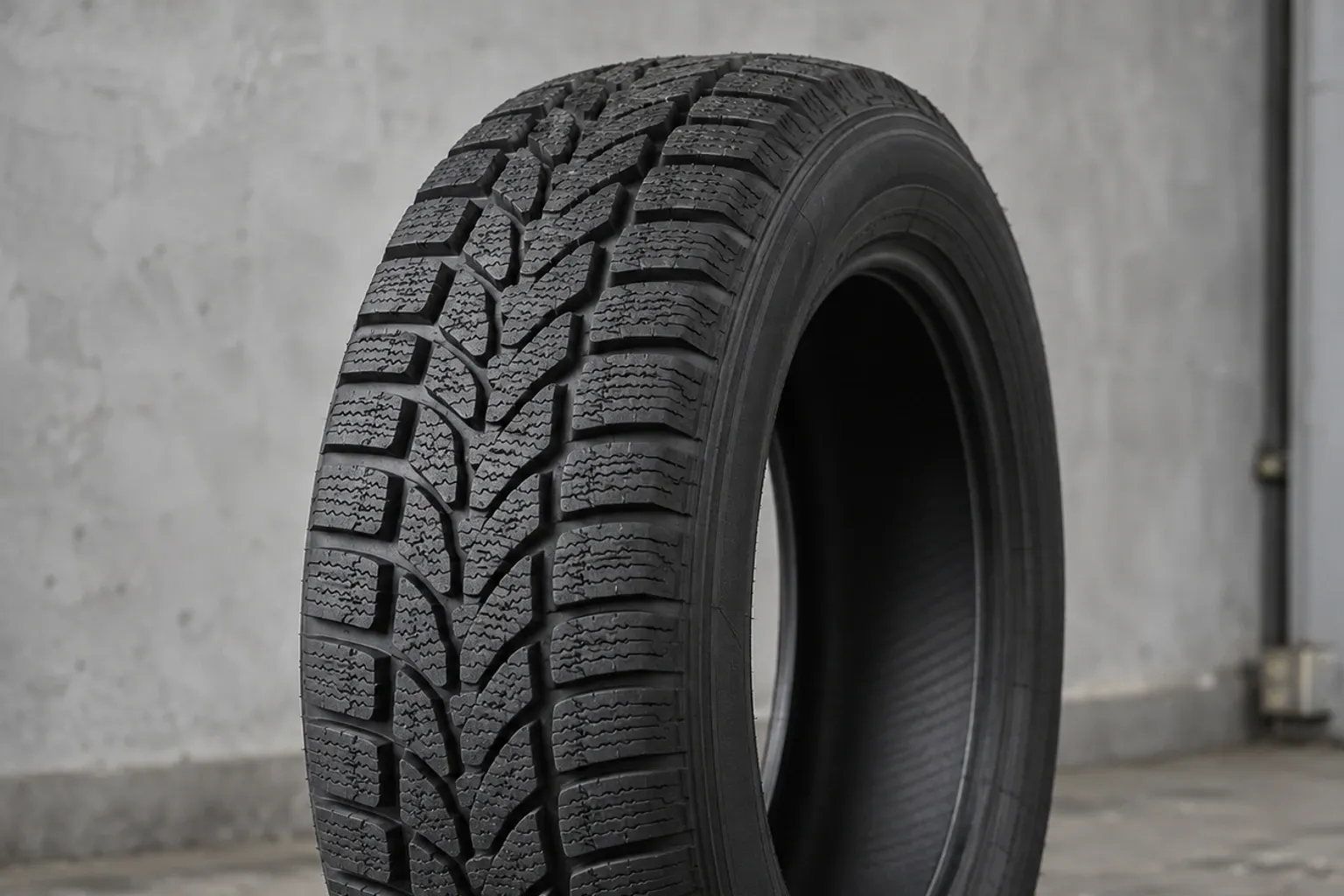 Winter tire standing upright in workshop with detailed tread pattern visible