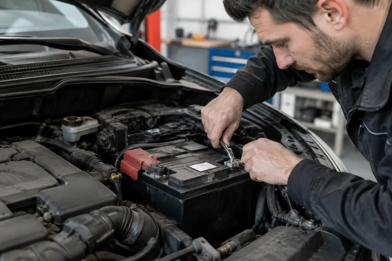 Mechanik utahuje kabel na automobilovém akumulátoru v dílně při denním světle