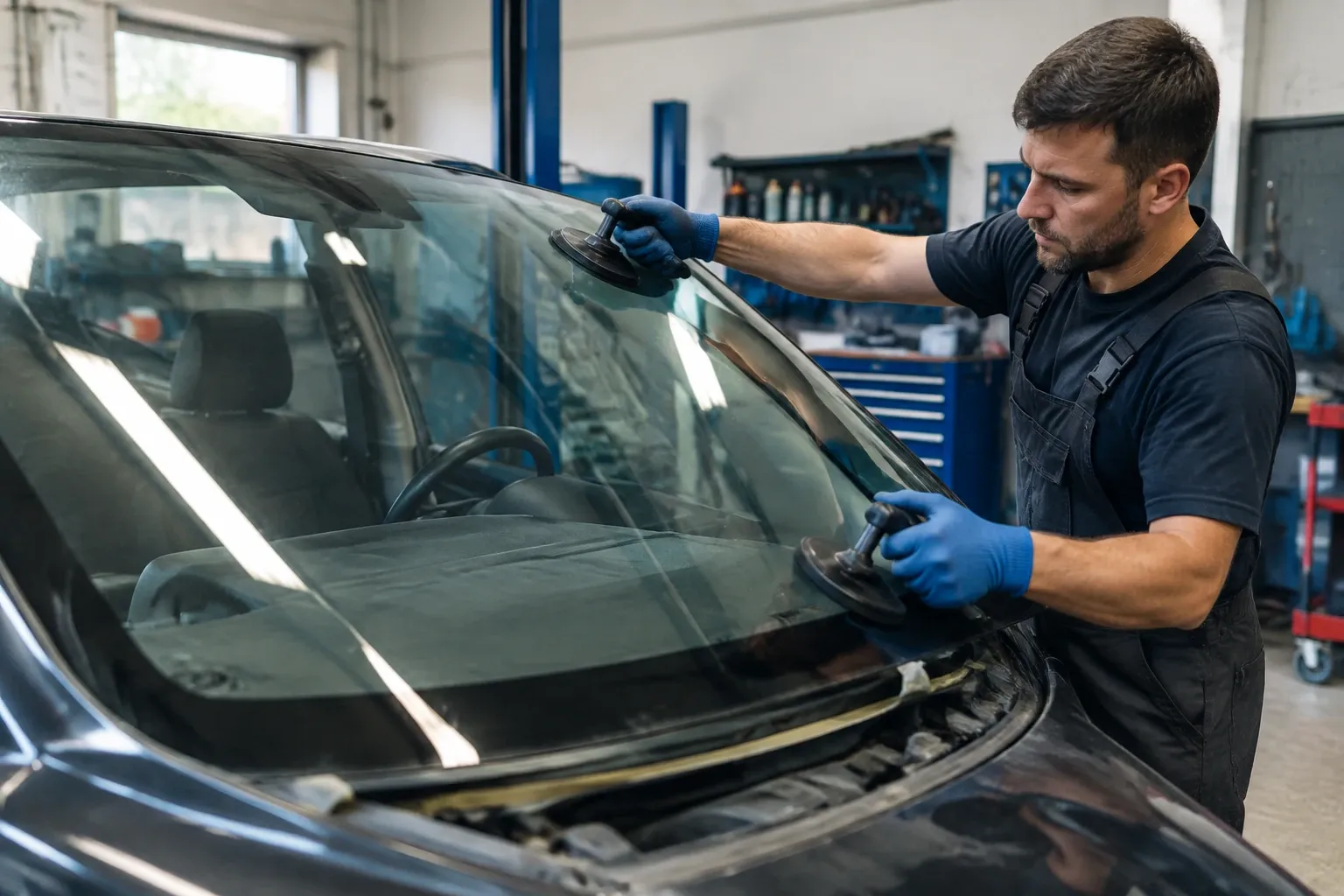 Mechanik nasazuje nové čelní sklo pomocí přísavek v autoservisu