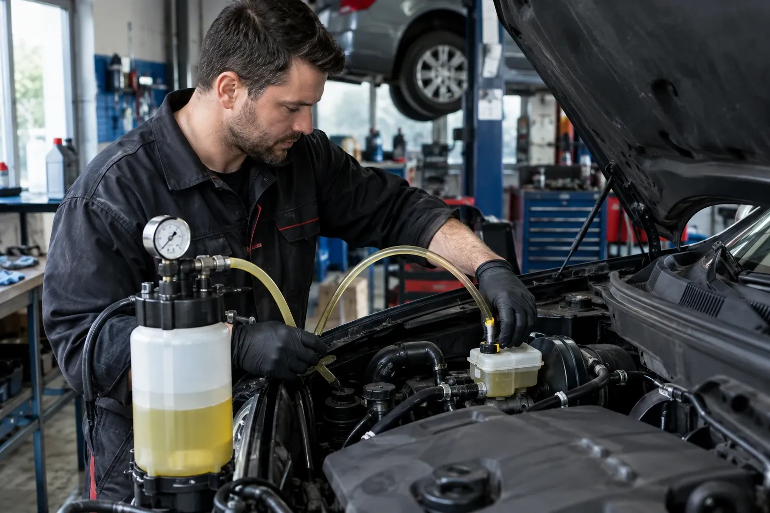 Mechanik v rukavicích odsává starou brzdovou kapalinu z nádobky auta v dílně