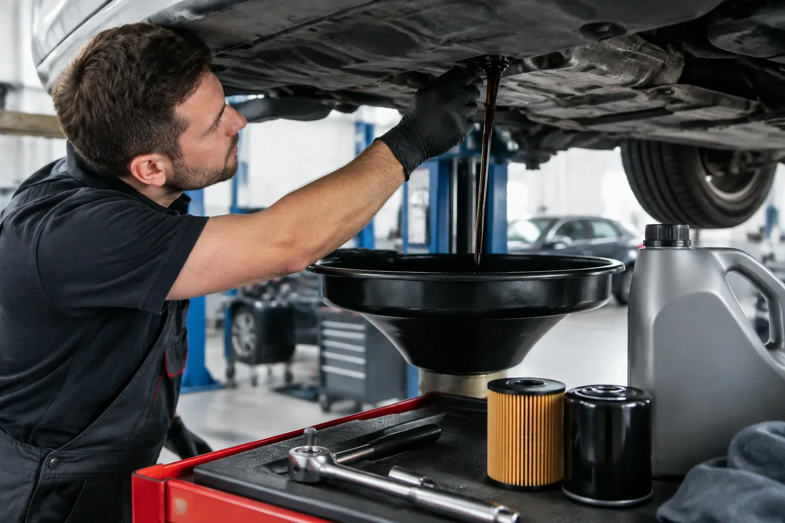 Mechanik vypouští motorový olej do sběrné nádoby, vedle jsou olejový filtr a kanistr