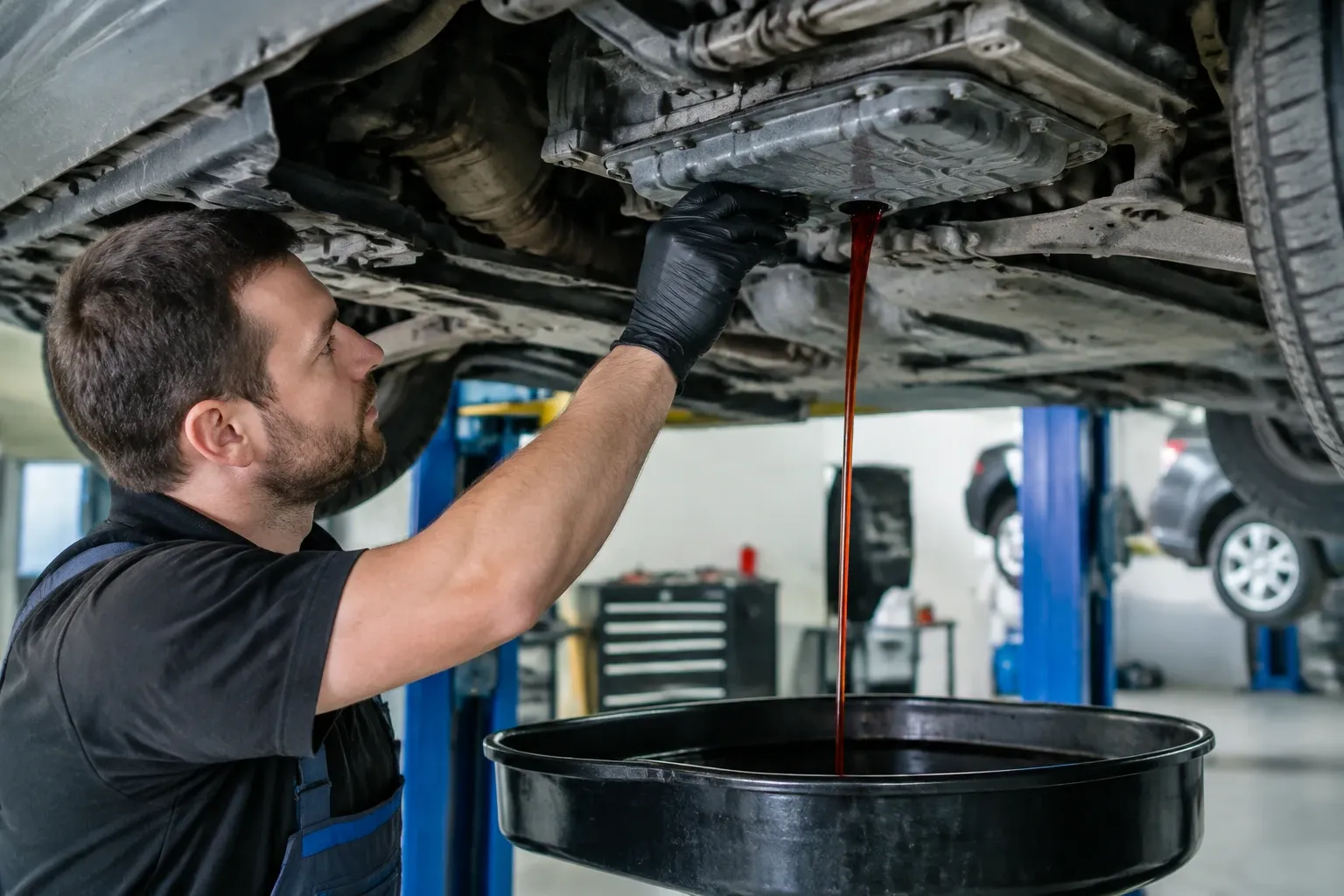 Mechanik s rukavicemi vypouští tmavý olej z automatické převodovky do sběrné nádoby