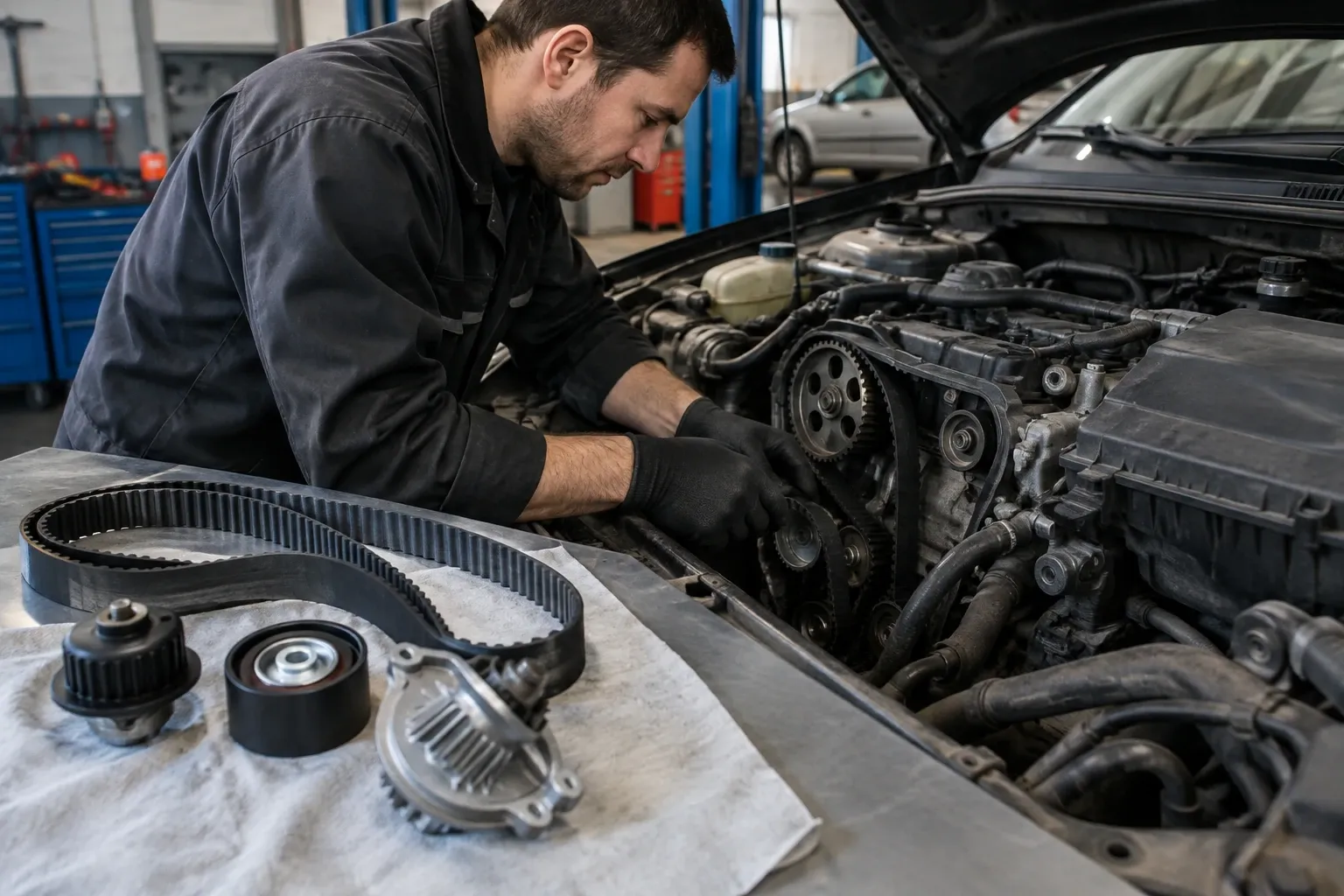 Mechanik v černém pracovním oděvu mění rozvodový řemen u otevřeného motoru auta