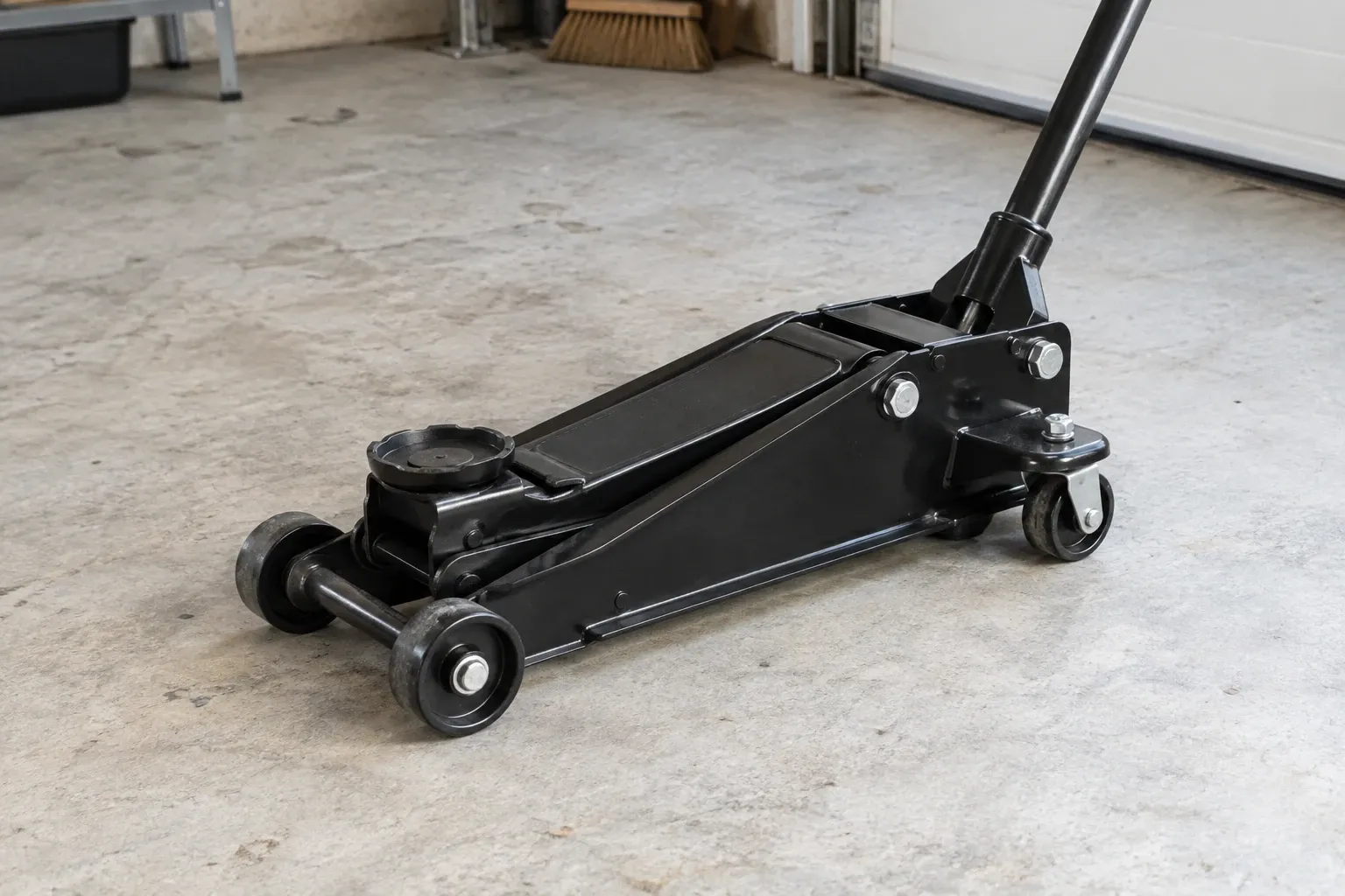 Low-profile black hydraulic floor jack on garage concrete floor with handle attached